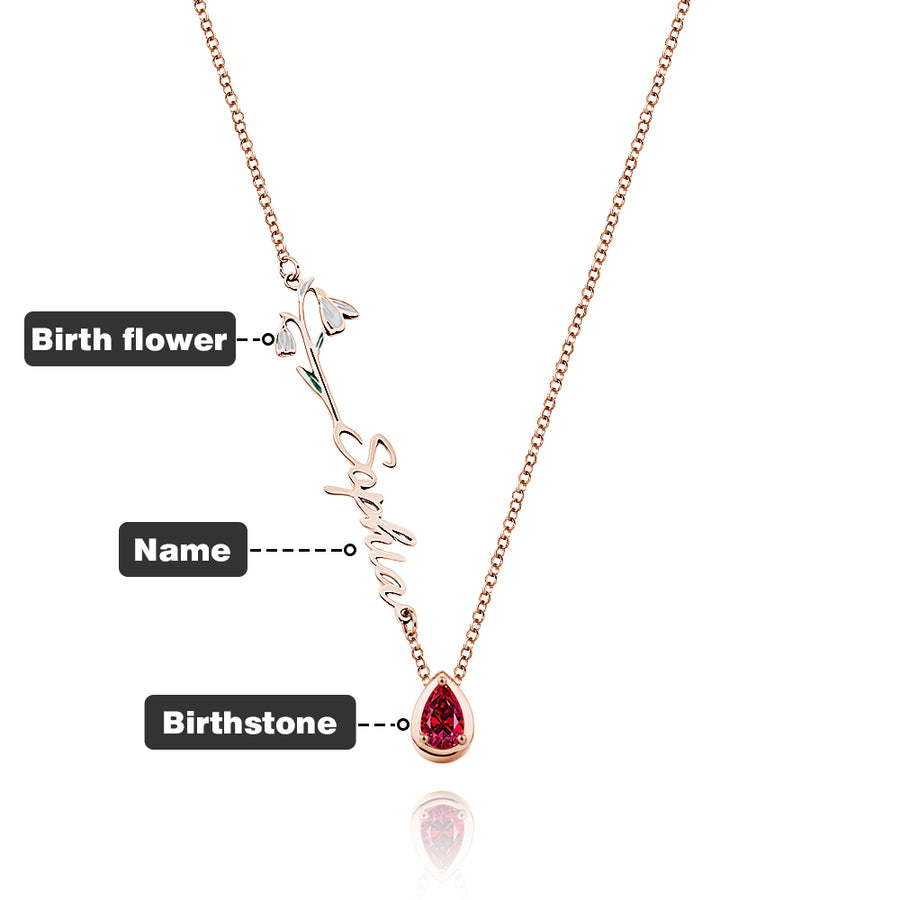 Personalized Birth Flower Birthstone Necklace with Name Necklace Jewelry Gift for Her