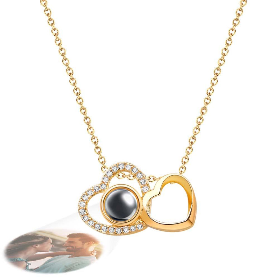 Custom Double Heart Photo Projection Necklace Personalized Picture Inside Pendant Memorial Jewelry