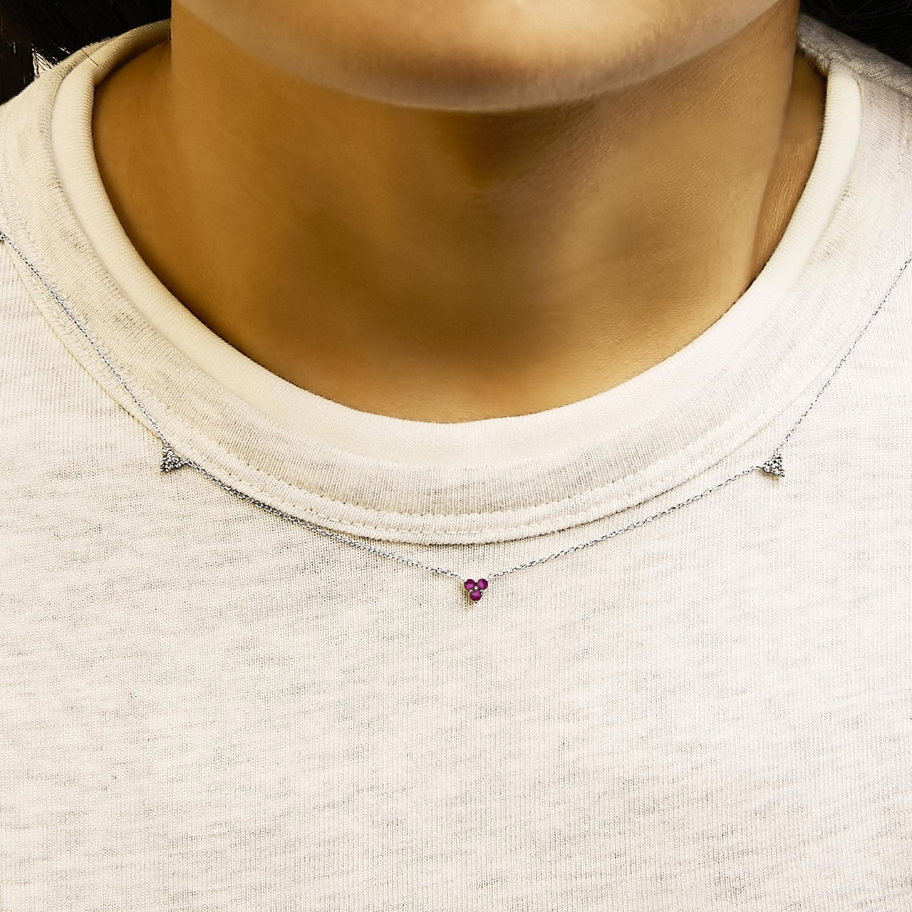 14K White Gold 1/5 Cttw Diamond and Ruby Tri Station Necklace