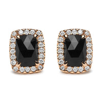 18K Rose and White Gold 1/4 Cttw Round Diamond and 8x6mm Cushion Cut Black Onyx Gemstone Halo Stud Earrings (G-H Color, SI1-SI2 Clarity)