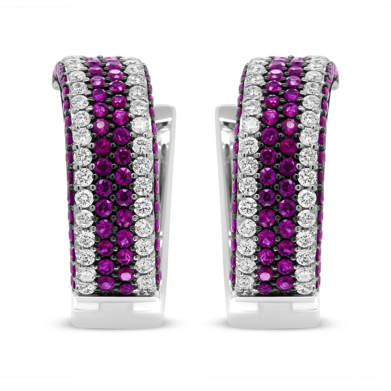 18K White Gold 1 7/8 Cttw Diamond and 1mm Round Red Ruby Open Swish Hoop Earrings (F-G Color, VS1-VS2 Clarity)