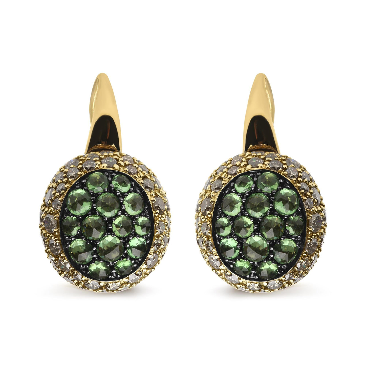 18K Yellow Gold 3 1/2 Cttw Diamond and Round Green Tsavorite Gemstone Round Domed Drop Hoop Earrings (Brown Color, SI1-SI2 Clarity)