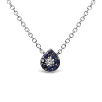 18K White Gold Diamond Accent and 1mm Round Blue Sapphire Gemstone Halo Teardrop Pendant Necklace (G-H Color, SI1-SI2 Clarity)  - Adjustable up to 15.5