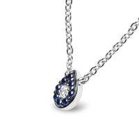 18K White Gold Diamond Accent and 1mm Round Blue Sapphire Gemstone Halo Teardrop Pendant Necklace (G-H Color, SI1-SI2 Clarity)  - Adjustable up to 15.5