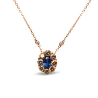 18K Rose Gold 5/8 Cttw White and Brown Diamond Accent and 7 x 4mm Oval Blue Sapphire Gemstone Statement Halo Cluster Pendant Necklace (Brown and G-H Color, SI1-SI2 Clarity) - Adjustable up to 16