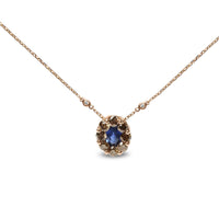 18K Rose Gold 5/8 Cttw White and Brown Diamond Accent and 7 x 4mm Oval Blue Sapphire Gemstone Statement Halo Cluster Pendant Necklace (Brown and G-H Color, SI1-SI2 Clarity) - Adjustable up to 16