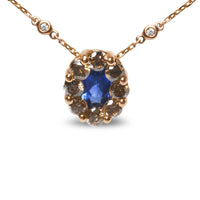 18K Rose Gold 5/8 Cttw White and Brown Diamond Accent and 7 x 4mm Oval Blue Sapphire Gemstone Statement Halo Cluster Pendant Necklace (Brown and G-H Color, SI1-SI2 Clarity) - Adjustable up to 16