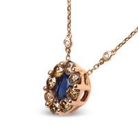 18K Rose Gold 5/8 Cttw White and Brown Diamond Accent and 7 x 4mm Oval Blue Sapphire Gemstone Statement Halo Cluster Pendant Necklace (Brown and G-H Color, SI1-SI2 Clarity) - Adjustable up to 16