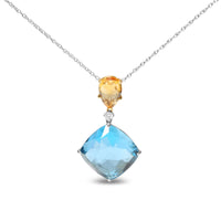 18K White and Yellow Gold Diamond Accent and Yellow Citrine and Sky Blue Topaz Gemstone Dangle Drop 18