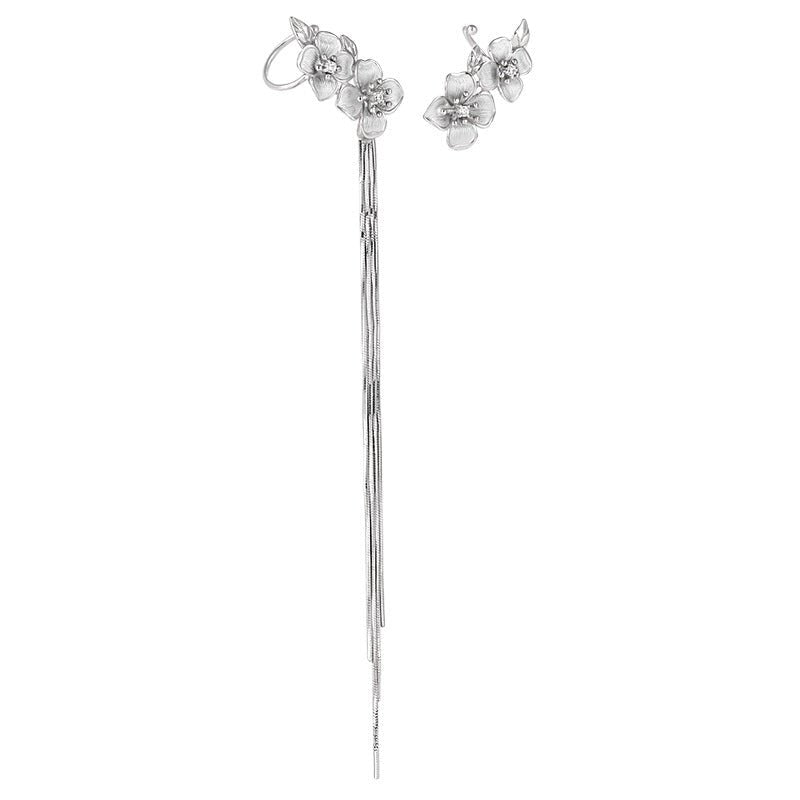 Asymmetric Women Peach Blossom Flower Tassels 925 Sterling Silver Dangling Earrings - KIAHMILLA