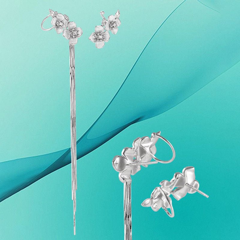 Asymmetric Women Peach Blossom Flower Tassels 925 Sterling Silver Dangling Earrings - KIAHMILLA
