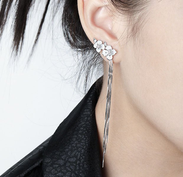 Asymmetric Women Peach Blossom Flower Tassels 925 Sterling Silver Dangling Earrings - KIAHMILLA