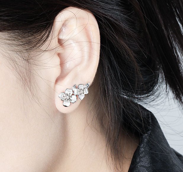 Asymmetric Women Peach Blossom Flower Tassels 925 Sterling Silver Dangling Earrings - KIAHMILLA