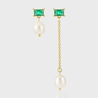 Asymmetrical Geometry Baguette CZ Oval Shell Pearl 925 Sterling Silver Dangling Earrings - KIAHMILLA