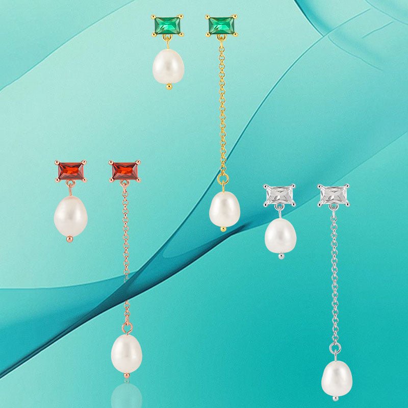 Asymmetrical Geometry Baguette CZ Oval Shell Pearl 925 Sterling Silver Dangling Earrings - KIAHMILLA