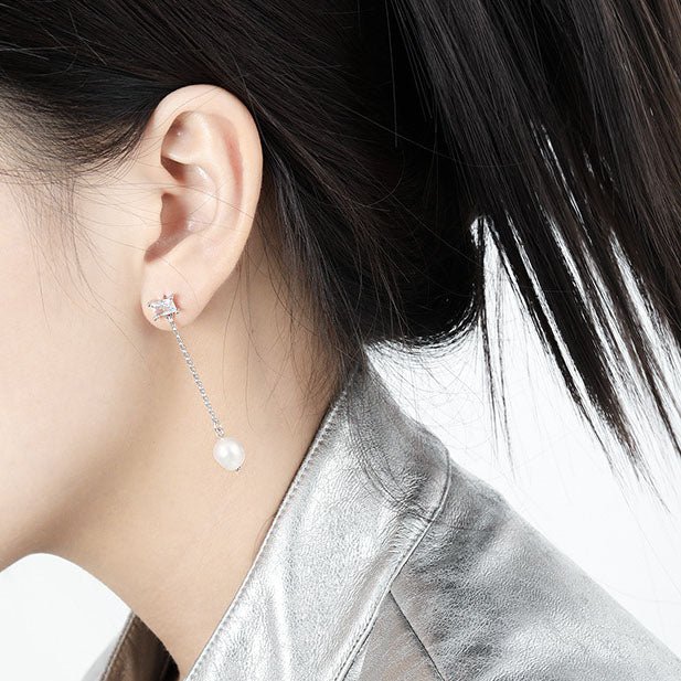Asymmetrical Geometry Baguette CZ Oval Shell Pearl 925 Sterling Silver Dangling Earrings - KIAHMILLA