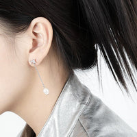 Asymmetrical Geometry Baguette CZ Oval Shell Pearl 925 Sterling Silver Dangling Earrings - KIAHMILLA