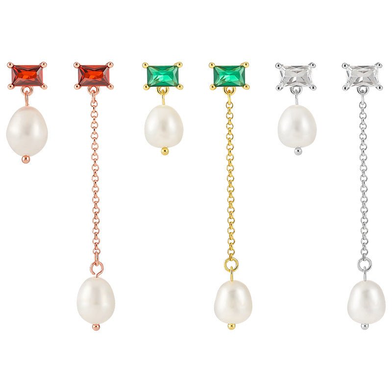 Asymmetrical Geometry Baguette CZ Oval Shell Pearl 925 Sterling Silver Dangling Earrings - KIAHMILLA