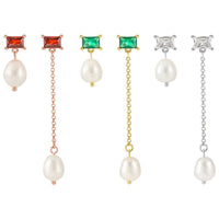 Asymmetrical Geometry Baguette CZ Oval Shell Pearl 925 Sterling Silver Dangling Earrings - KIAHMILLA