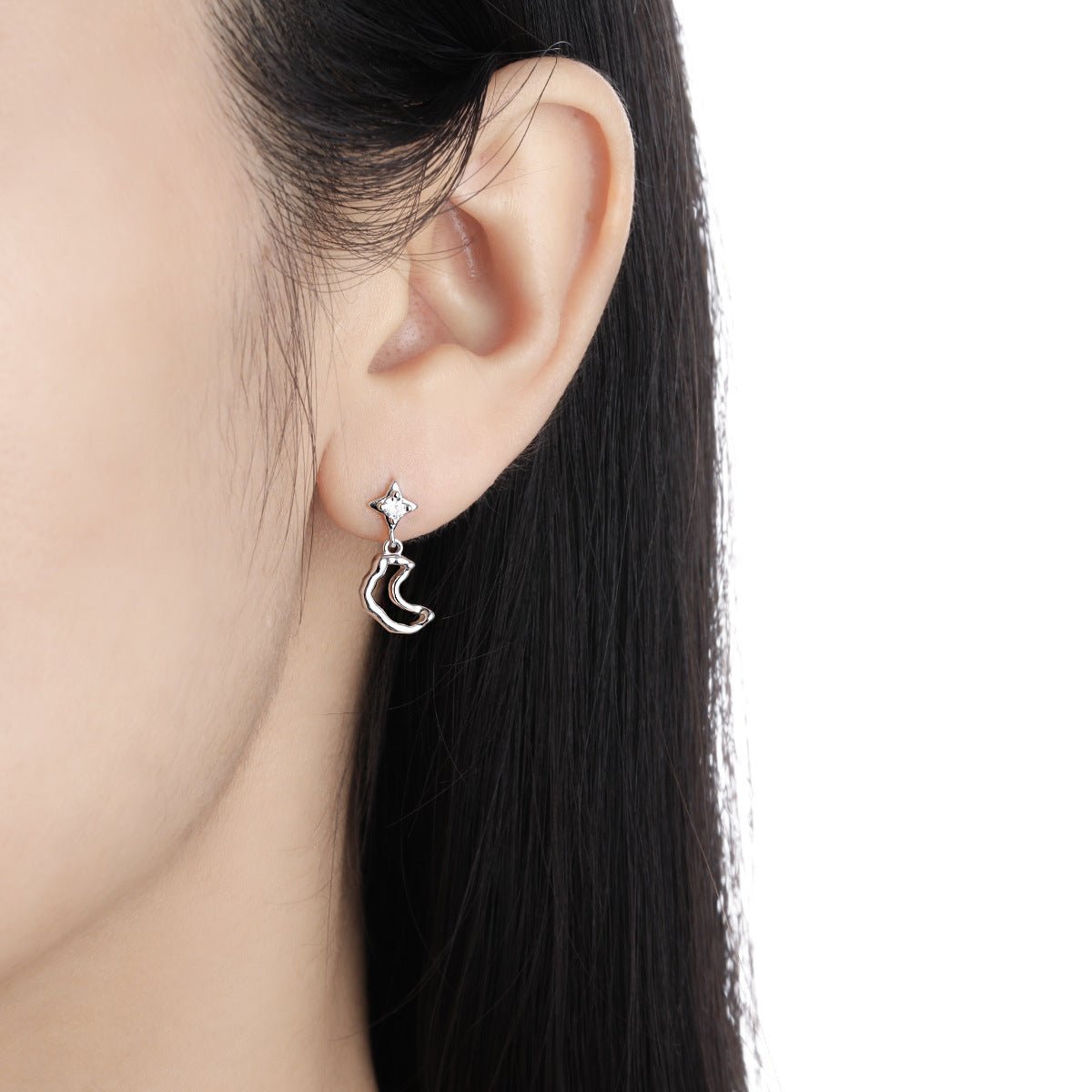 Asymmetrical Irregular Textured Heart 925 Sterling Silver Crescent Moon Cubic Zirconia Stud Drop Earrings - KIAHMILLA