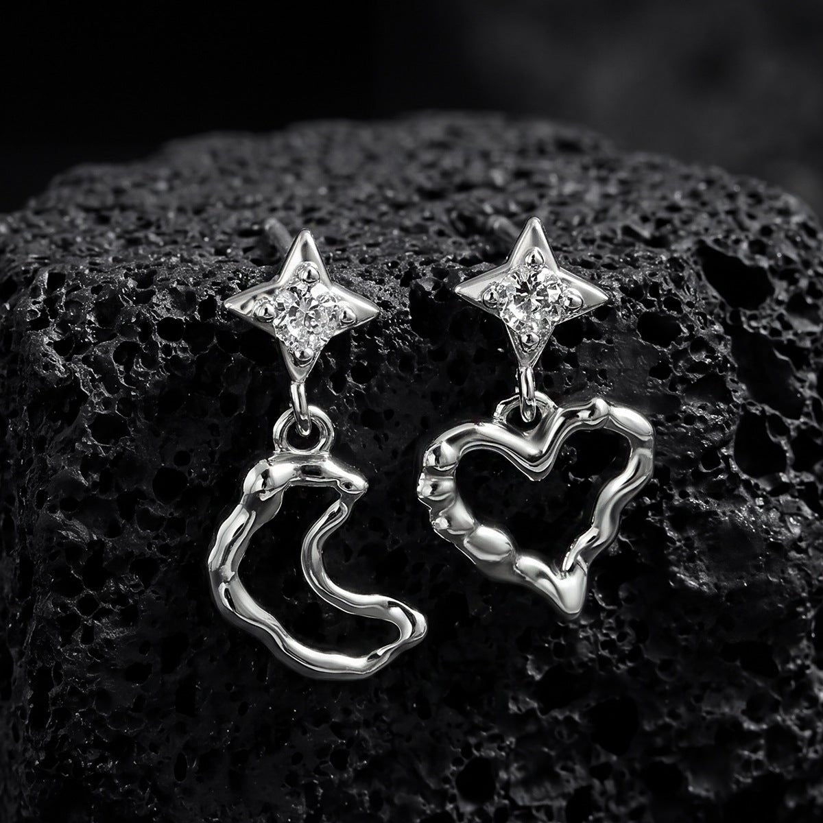 Asymmetrical Irregular Textured Heart 925 Sterling Silver Crescent Moon Cubic Zirconia Stud Drop Earrings - KIAHMILLA
