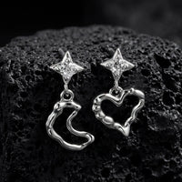 Asymmetrical Irregular Textured Heart 925 Sterling Silver Crescent Moon Cubic Zirconia Stud Drop Earrings - KIAHMILLA