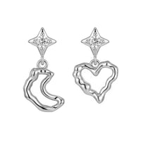 Asymmetrical Irregular Textured Heart 925 Sterling Silver Crescent Moon Cubic Zirconia Stud Drop Earrings - KIAHMILLA