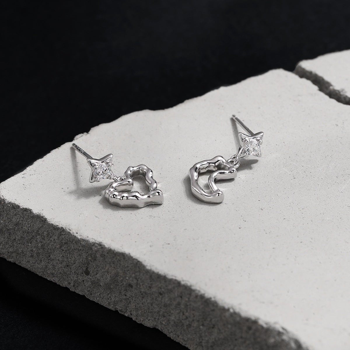 Asymmetrical Irregular Textured Heart 925 Sterling Silver Crescent Moon Cubic Zirconia Stud Drop Earrings - KIAHMILLA