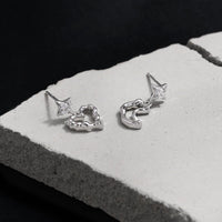 Asymmetrical Irregular Textured Heart 925 Sterling Silver Crescent Moon Cubic Zirconia Stud Drop Earrings - KIAHMILLA
