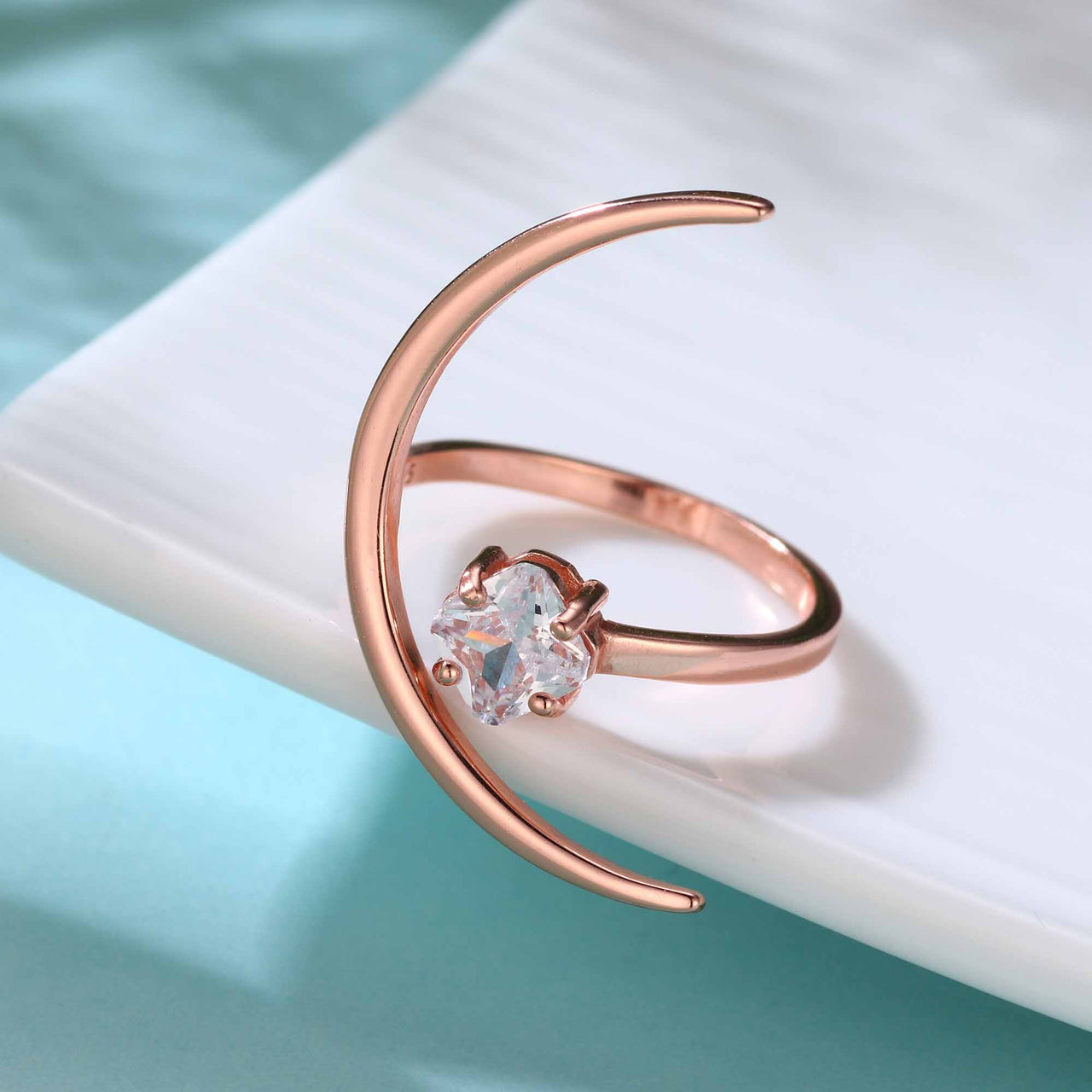 Beautiful CZ Four Leaf Clover Crescent Moon 925 Sterling Silver Adjustable Ring - KIAHMILLA