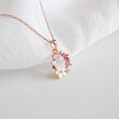 Beautiful Pink CZ White Shell Flower Garland 925 Sterling Silver Necklace - KIAHMILLA