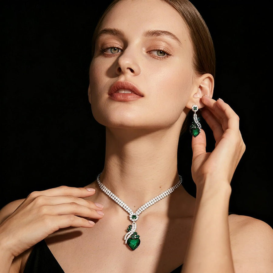 Bridal Rhinestone Heart Necklace and Earrings Set – Elegant Wedding Jewelry - Coolpeacock
