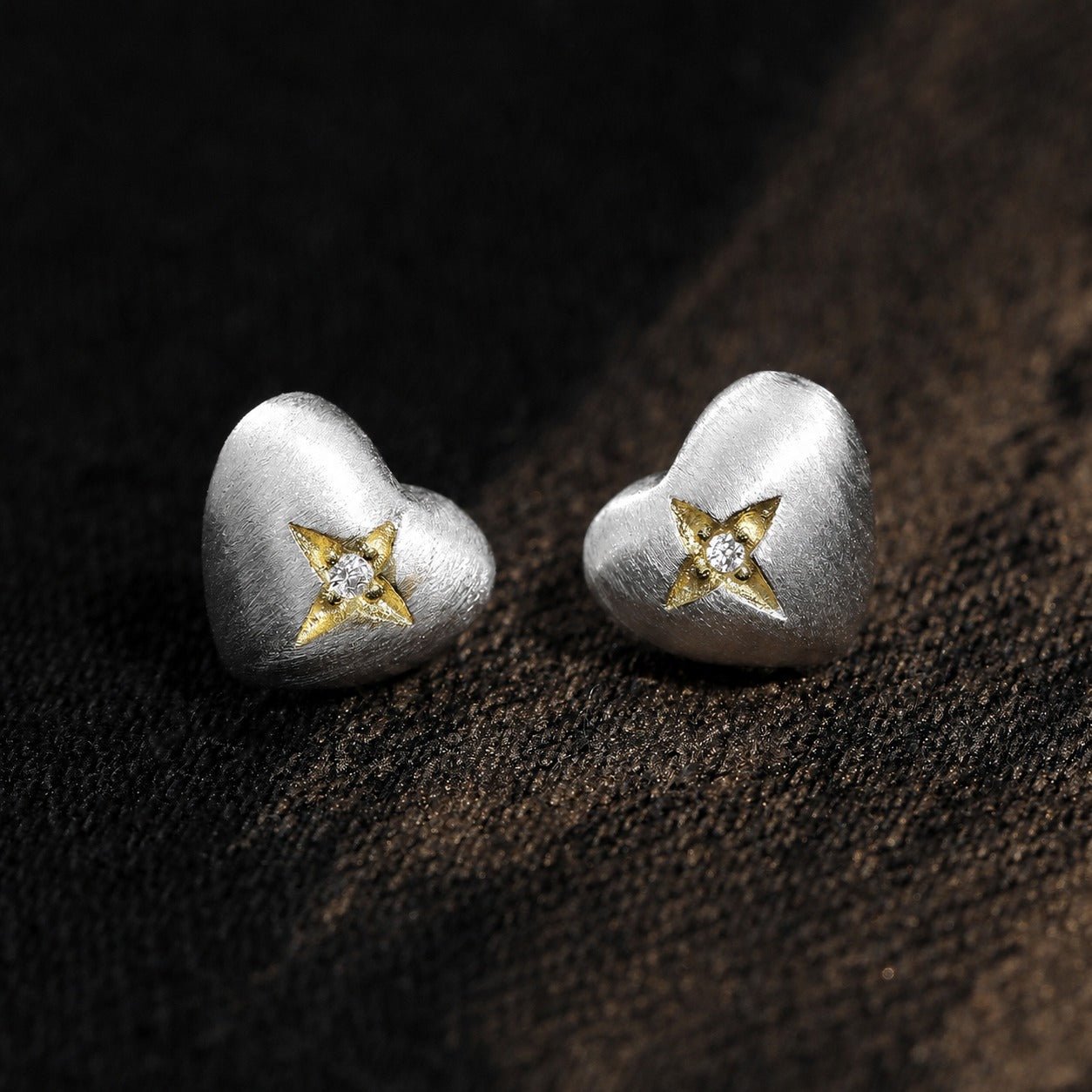 Brushed Heart-Shaped Zirconia Two Tone 925 Sterling Silver Gold-Plated Star Patterned Heart Stud Earrings - KIAHMILLA