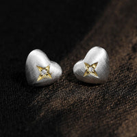 Brushed Heart-Shaped Zirconia Two Tone 925 Sterling Silver Gold-Plated Star Patterned Heart Stud Earrings - KIAHMILLA