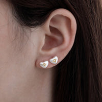 Brushed Heart-Shaped Zirconia Two Tone 925 Sterling Silver Gold-Plated Star Patterned Heart Stud Earrings - KIAHMILLA
