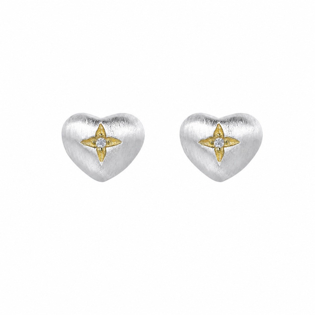 Brushed Heart-Shaped Zirconia Two Tone 925 Sterling Silver Gold-Plated Star Patterned Heart Stud Earrings - KIAHMILLA