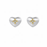 Brushed Heart-Shaped Zirconia Two Tone 925 Sterling Silver Gold-Plated Star Patterned Heart Stud Earrings - KIAHMILLA