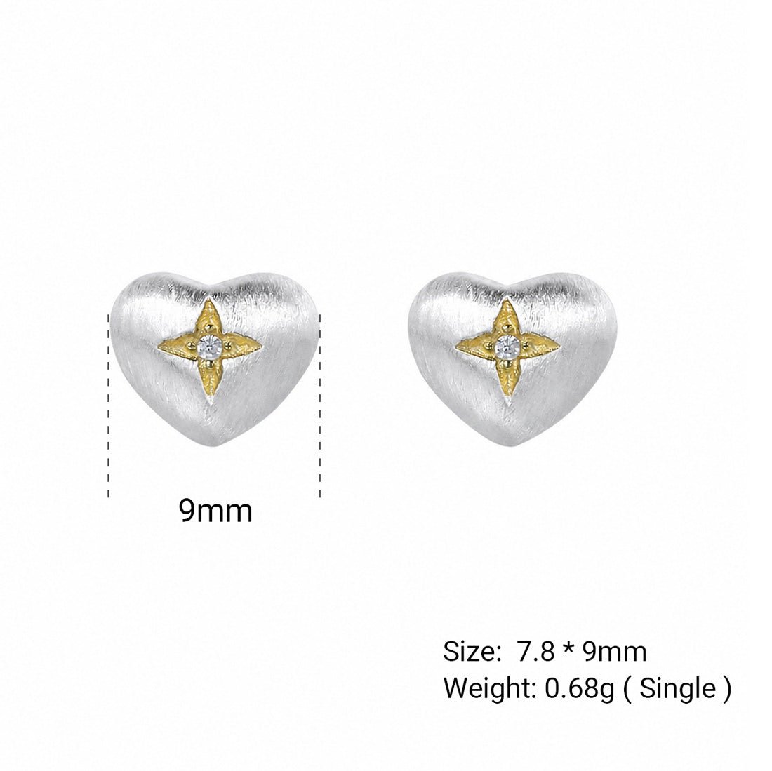 Brushed Heart-Shaped Zirconia Two Tone 925 Sterling Silver Gold-Plated Star Patterned Heart Stud Earrings - KIAHMILLA