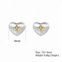 Brushed Heart-Shaped Zirconia Two Tone 925 Sterling Silver Gold-Plated Star Patterned Heart Stud Earrings - KIAHMILLA