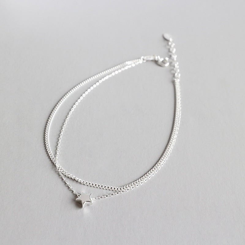 Casual Double Layers Rolo Chain Mini Star 925 Sterling Silver Anklet - KIAHMILLA