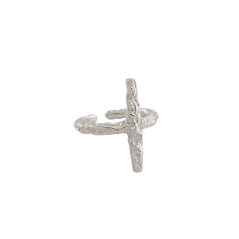 Classic Irregular Beaten Cross 925 Sterling Silver Adjustable Ring - KIAHMILLA