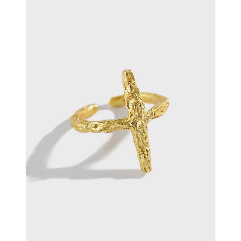 Classic Irregular Beaten Cross 925 Sterling Silver Adjustable Ring - KIAHMILLA
