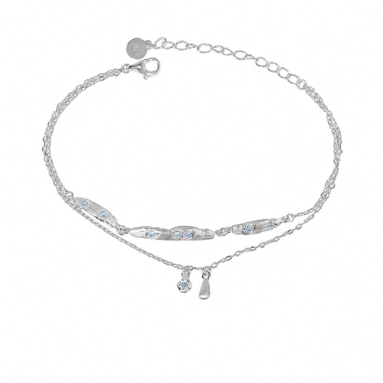 Cubic Zirconia Double Layer Teardrop Pendant with 925 Sterling Silver Brushed Texture Irregular Bar Link Bracelet - KIAHMILLA