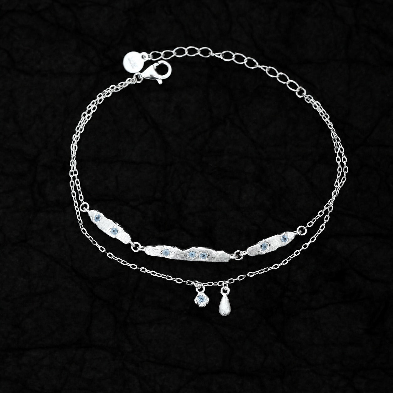 Cubic Zirconia Double Layer Teardrop Pendant with 925 Sterling Silver Brushed Texture Irregular Bar Link Bracelet - KIAHMILLA