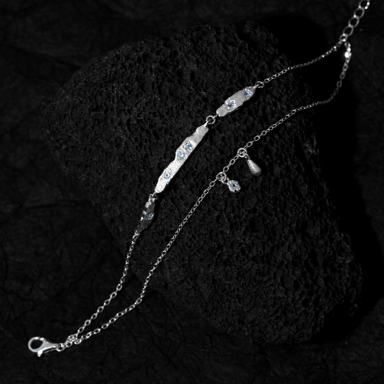 Cubic Zirconia Double Layer Teardrop Pendant with 925 Sterling Silver Brushed Texture Irregular Bar Link Bracelet - KIAHMILLA