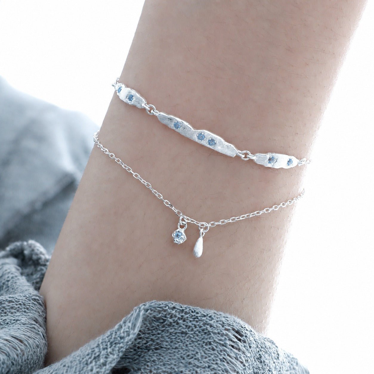 Cubic Zirconia Double Layer Teardrop Pendant with 925 Sterling Silver Brushed Texture Irregular Bar Link Bracelet - KIAHMILLA