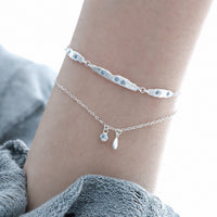Cubic Zirconia Double Layer Teardrop Pendant with 925 Sterling Silver Brushed Texture Irregular Bar Link Bracelet - KIAHMILLA