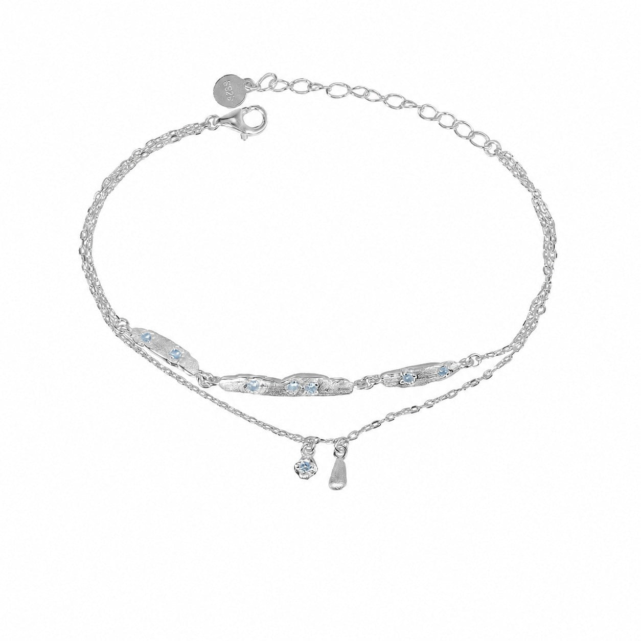 Cubic Zirconia Double Layer Teardrop Pendant with 925 Sterling Silver Brushed Texture Irregular Bar Link Bracelet - KIAHMILLA