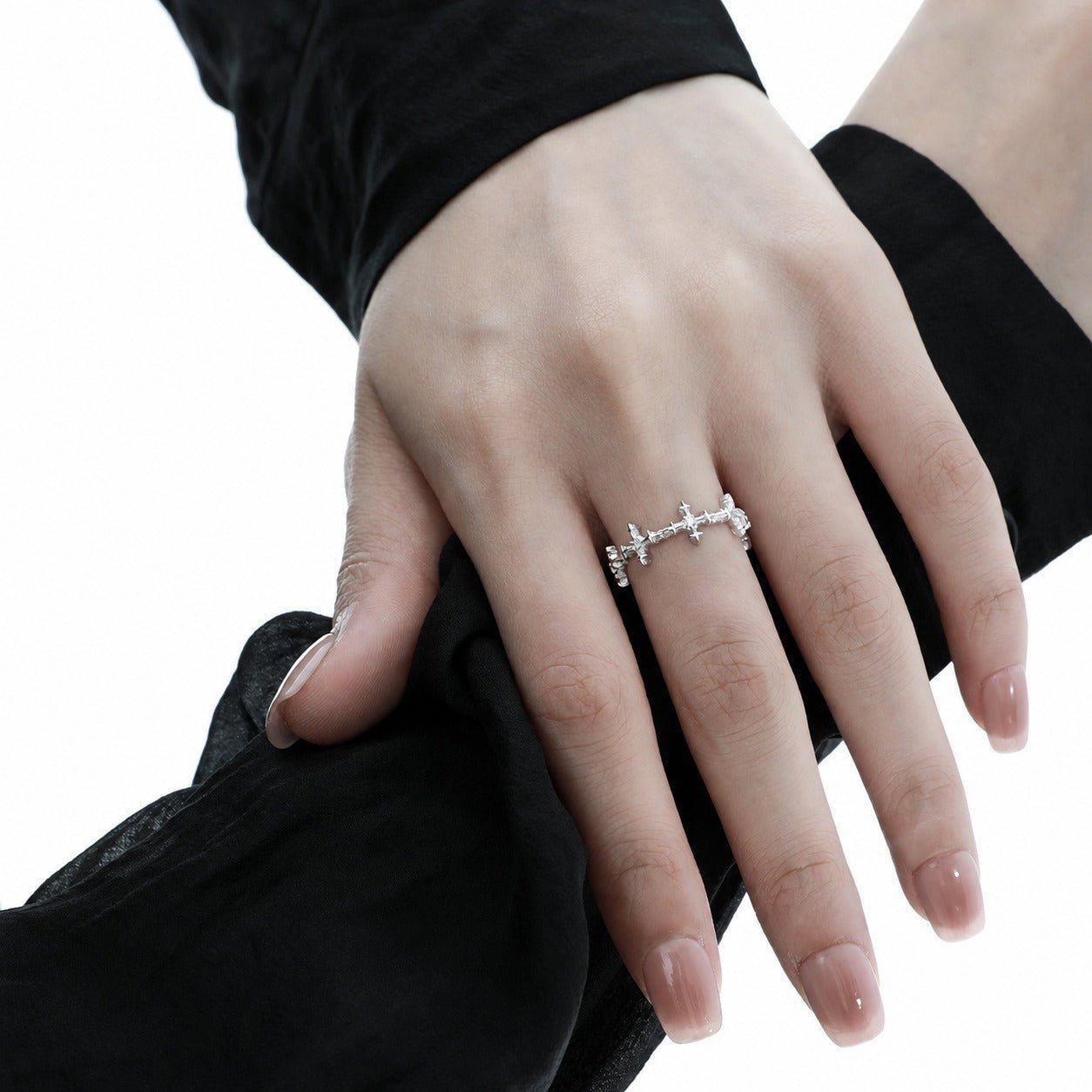 Cubic Zirconia Four-Pointed Star Cross Openwork Minimalist Cool Style S925 Sterling Silver Adjustable Ring - KIAHMILLA
