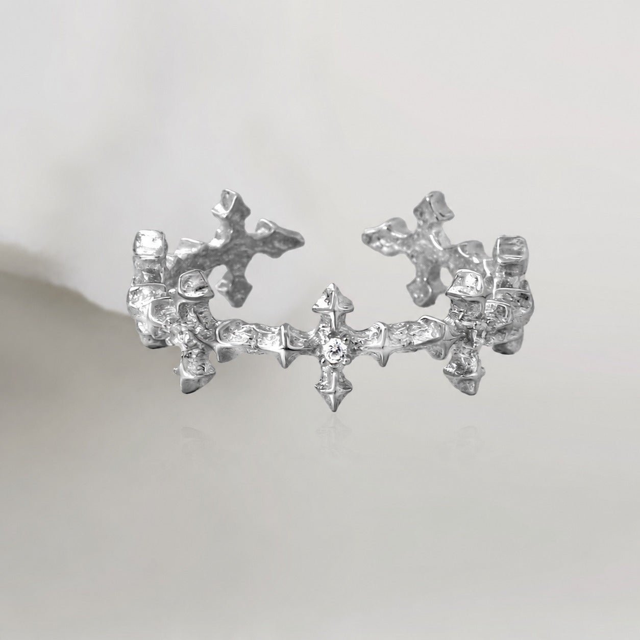 Cubic Zirconia Four-Pointed Star Cross Openwork Minimalist Cool Style S925 Sterling Silver Adjustable Ring - KIAHMILLA